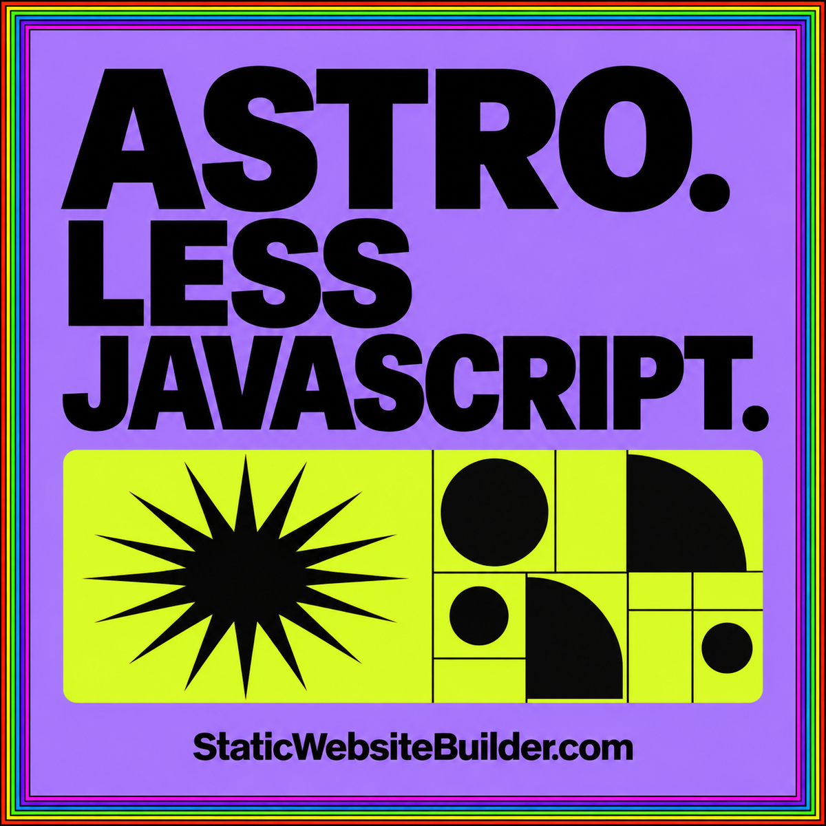 Astro. Less JavaScript.: violet and lime typography card about selective browser interactivity.