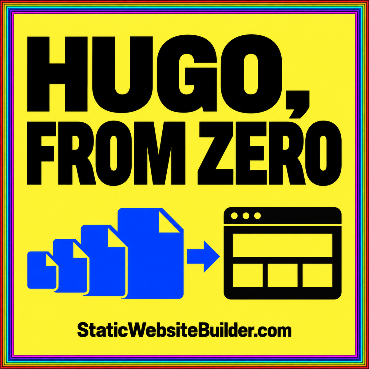 Hugo, From Zero: yellow and blue typography card introducing a Hugo static site workflow.