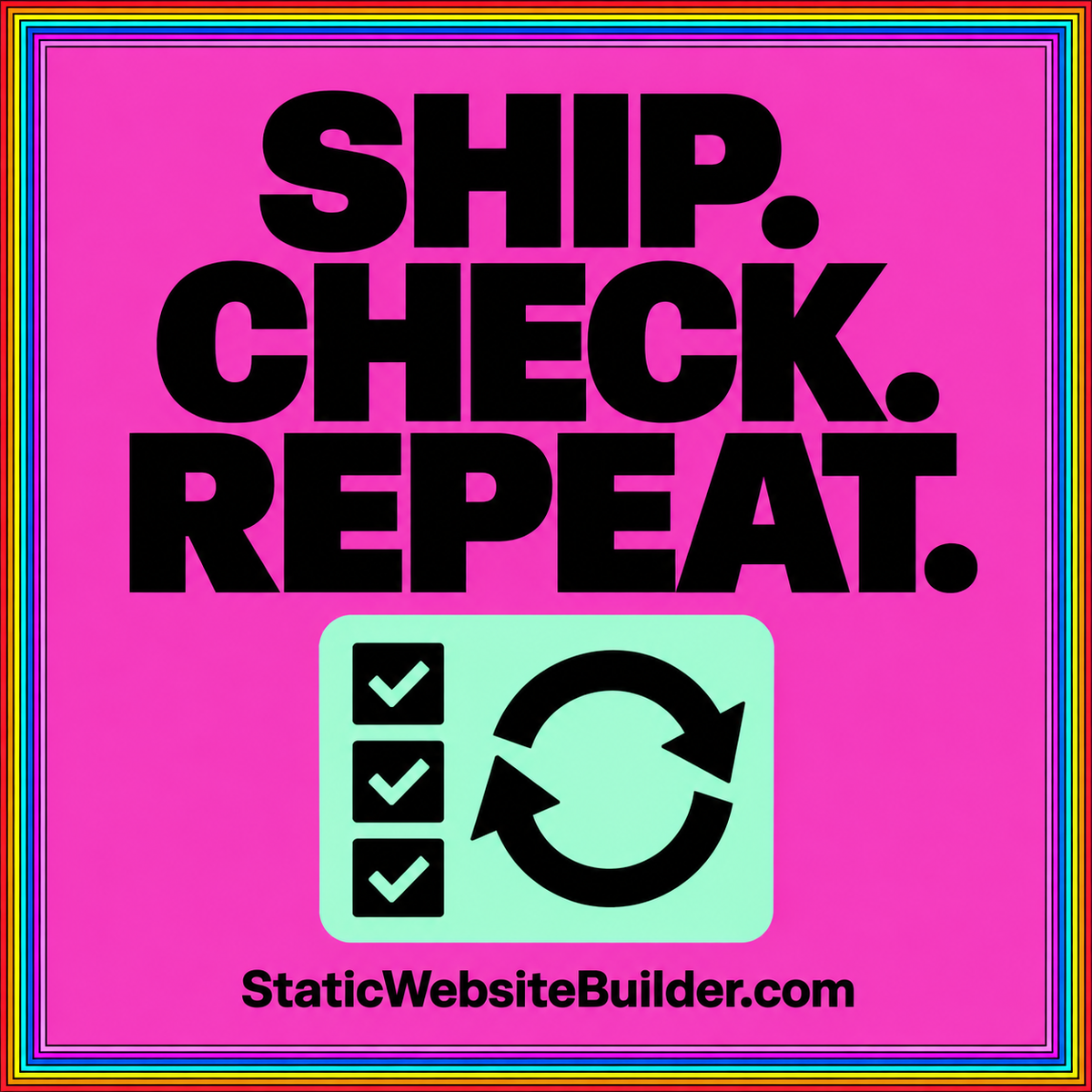 Ship. Check. Repeat.: magenta and mint typography card for a static website launch checklist.